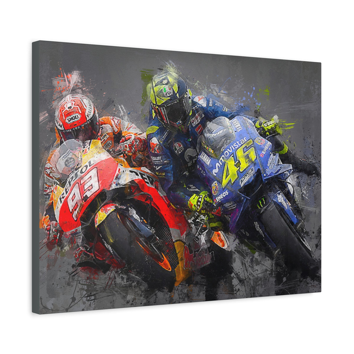Dynamic Duel: Stretched Canvas Fine Art MotoGP Print Poster - Ready to Hang, Wall Art MotoGP Gift