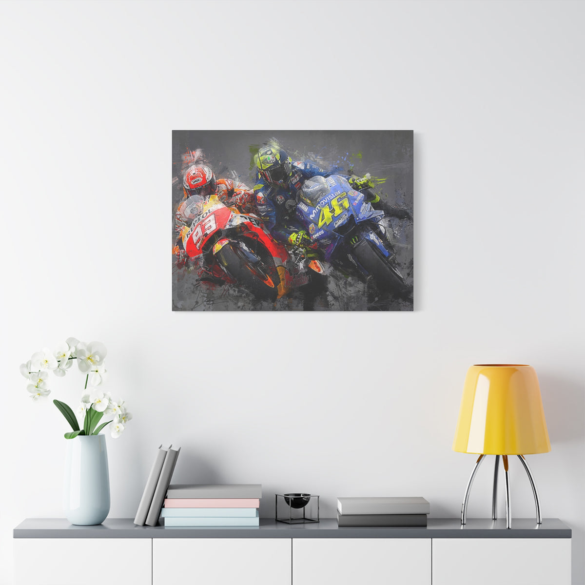 Dynamic Duel: Stretched Canvas Fine Art MotoGP Print Poster - Ready to Hang, Wall Art MotoGP Gift