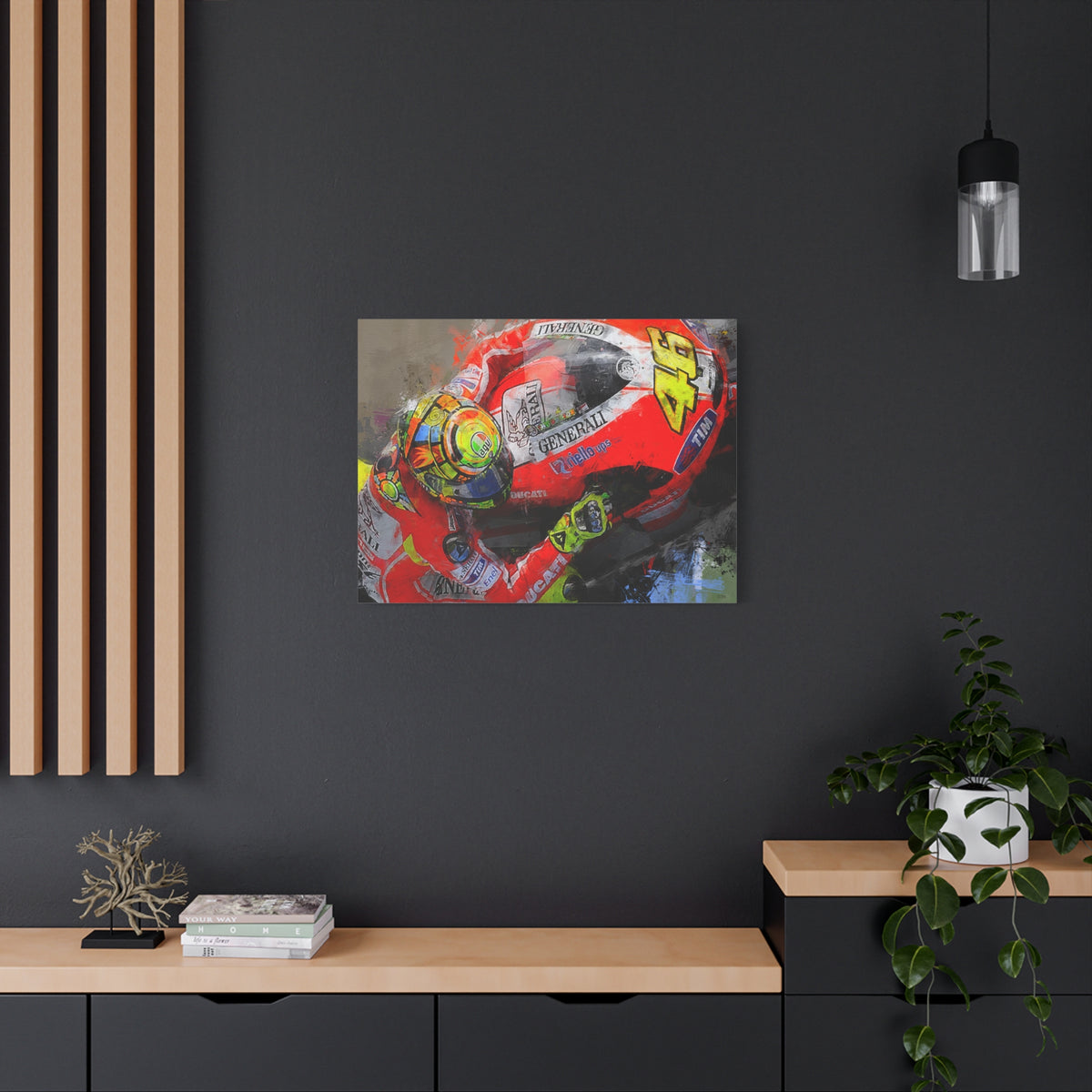 Ride the Thrill: Expressionist MotoGP Rider Close-Up - Stretched Canvas Fine Art Print Poster - Ready to Hang, Wall Art MotoGP Gift