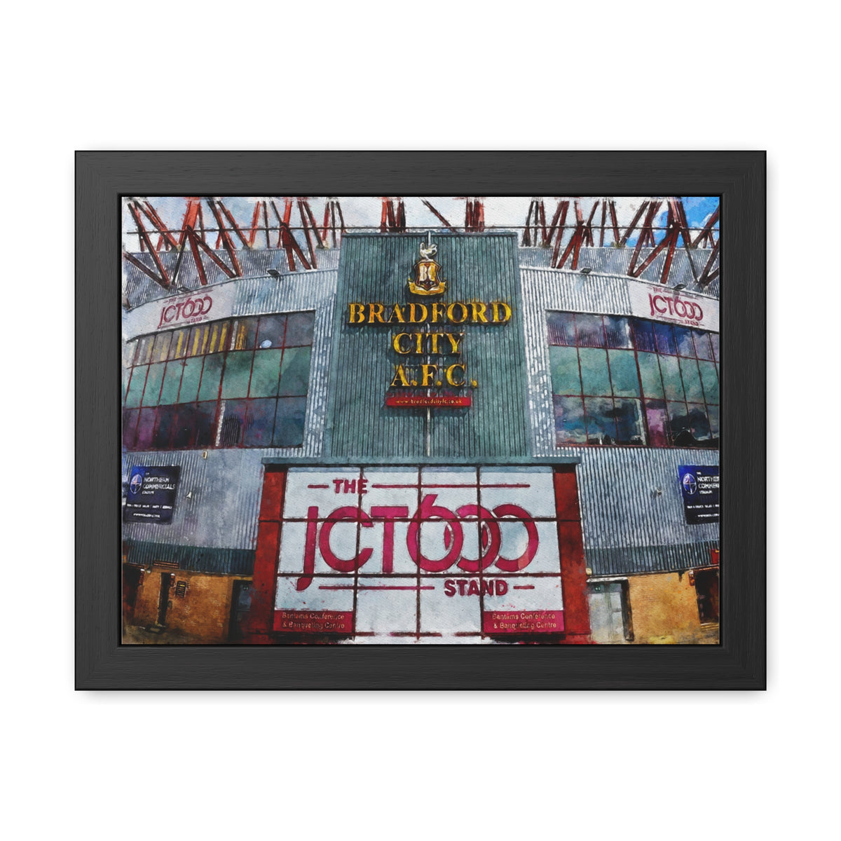 Bradford City Valley Parade Watercolour Fine Art Painting - Ready to Hang Framed Print Poster, Football Wall Art, Soccer Fan Gift