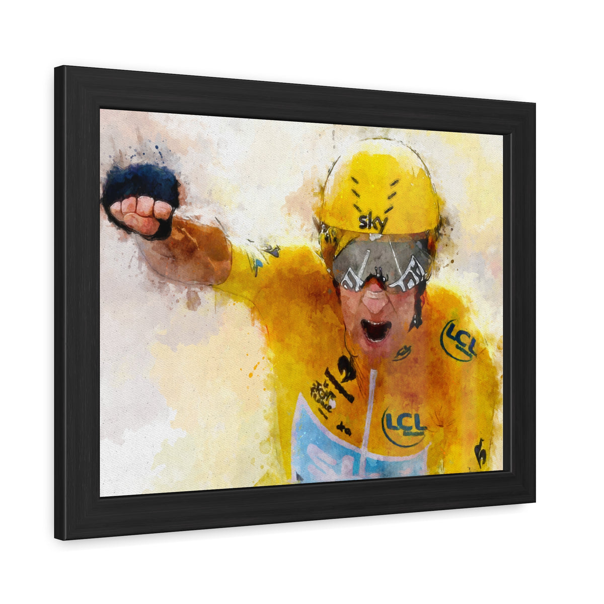 Bradley Wiggins Tour de France Glory: Yellow Jersey Triumph in Framed Watercolour Art Print