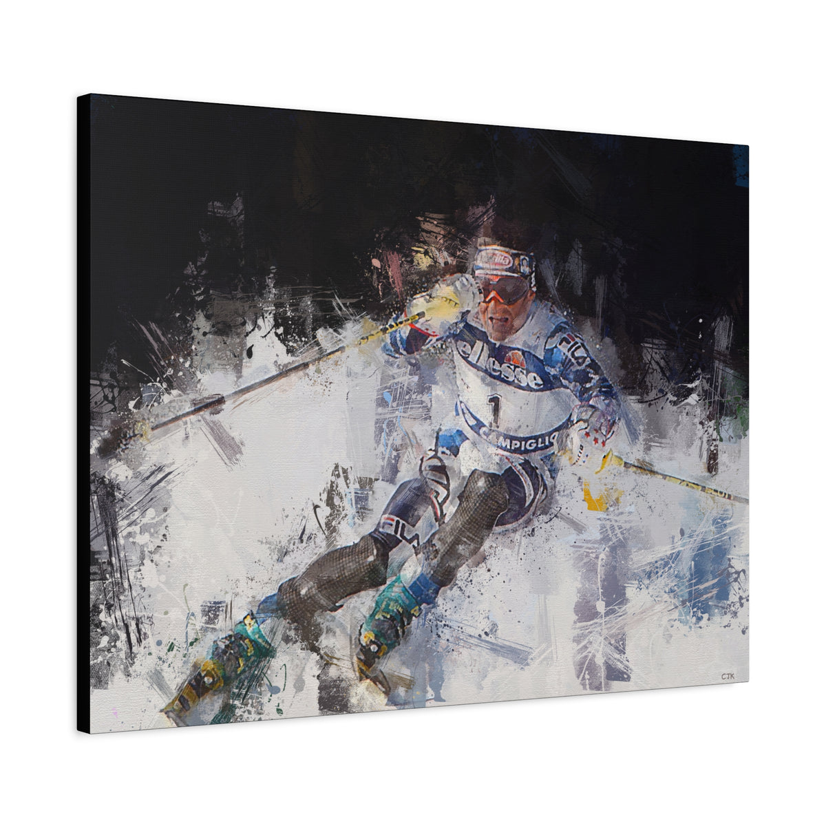 Alberto Tomba's Mastery Unleashed Skiing Painting Print on Stretched Canvas Skiing Fine Art Print Poster, Ready to Hang Wall Art, Skier Gift
