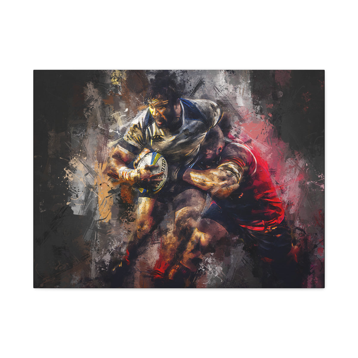 Rugby Clash Unleashed: Expressionist Stretched Canvas Fine Art Painting Print Poster - Ready to Hang Wall Art, Rugby Gift