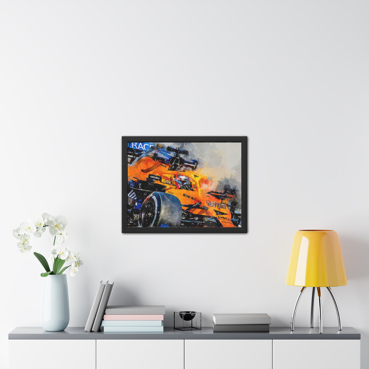 Experience the Thrill: Framed Watercolour F1 Fine Art Print Poster of a McClaren Racing Car - Ready to Hang, Wall Art Formula One Gift.