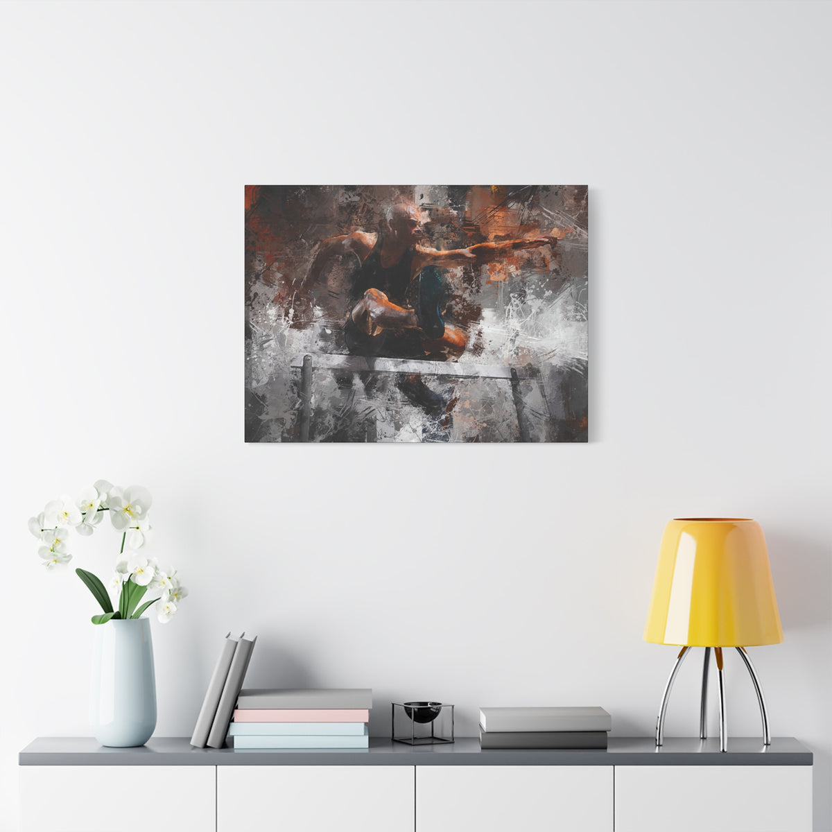 Athletic Hurdler Expressionist Canvas Print - Fine Art Athletics Décor with Expressive Brush Strokes and Splashes of Paint. Stretched Canvas Athletics Fine Art Print Poster - Ready to Hang Wall Art, Hurdling Fan Gift