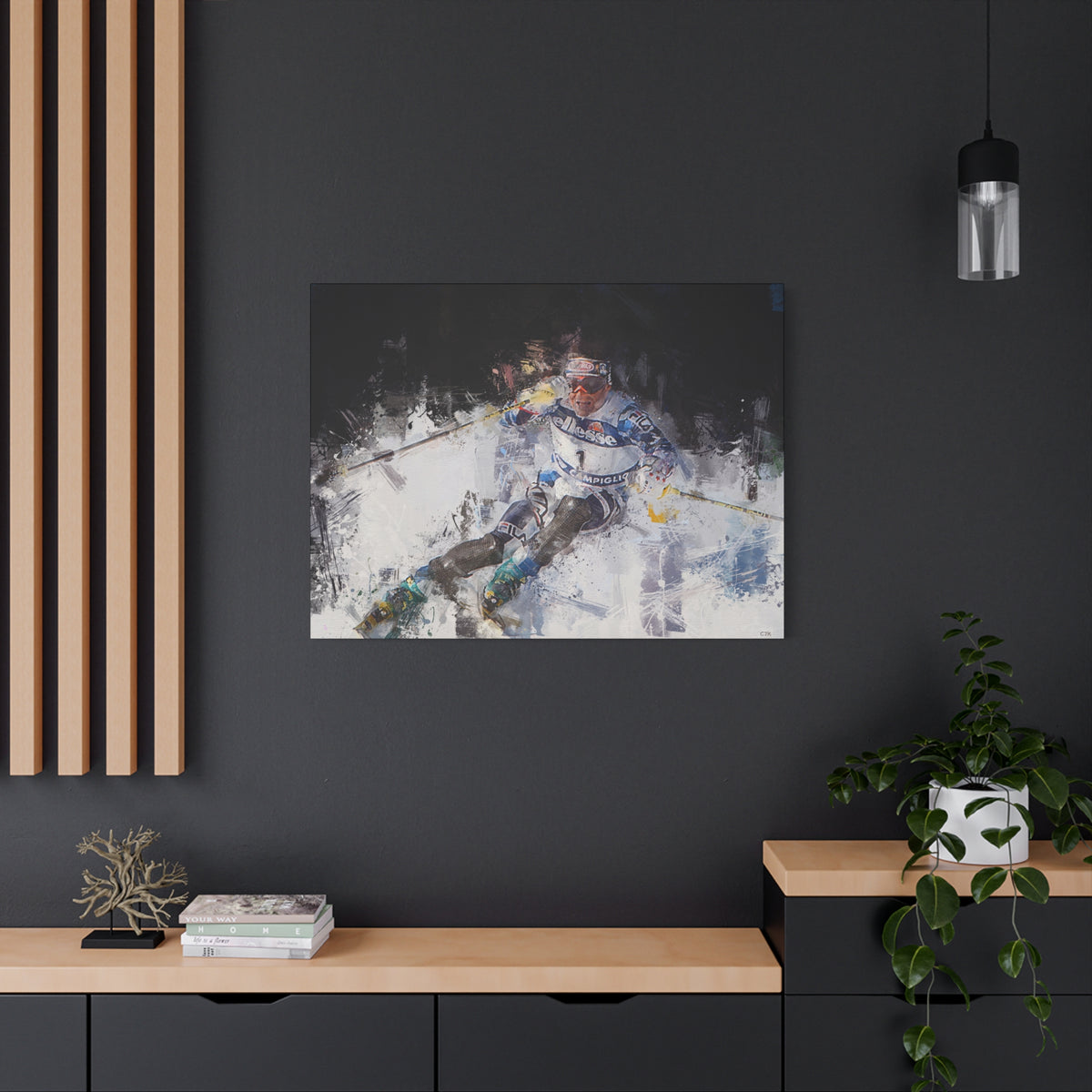 Alberto Tomba's Mastery Unleashed Skiing Painting Print on Stretched Canvas Skiing Fine Art Print Poster, Ready to Hang Wall Art, Skier Gift