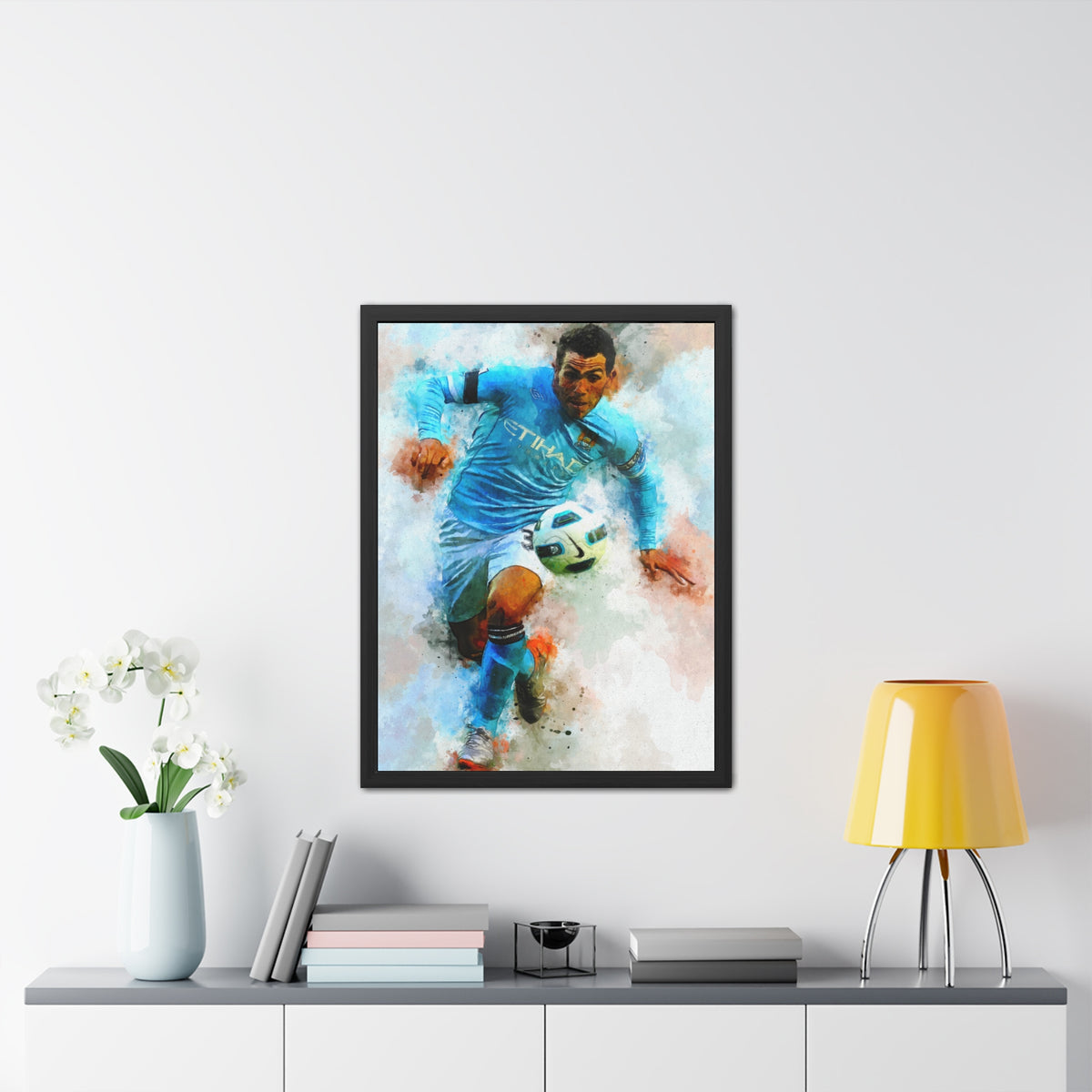 Carlos Tevez Expressionist Portrait - Soccer Legend Art! Ready to Hang Framed Watercolour Fine Art Painting Print Poster, Football Wall Art, Soccer Fan Gift