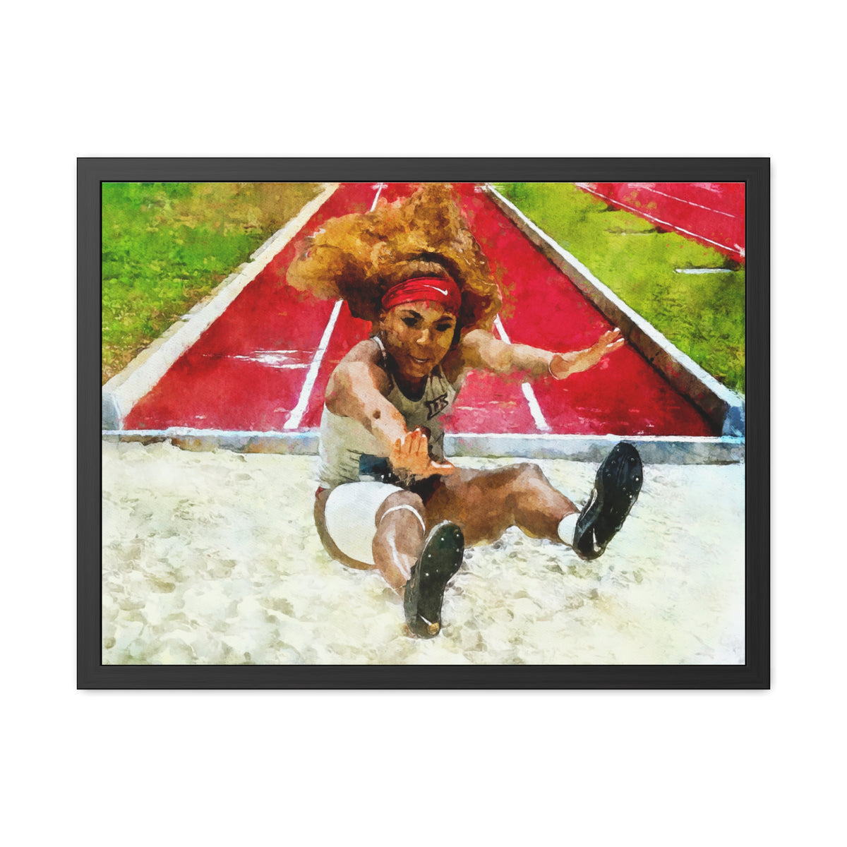 Vibrant Long Jumper Art Print - Handcrafted Frame Included, Ready to Hang Framed Watercolour Fine Art Painting Print Poster, Athletics Wall Art, Athletics Fan Gift