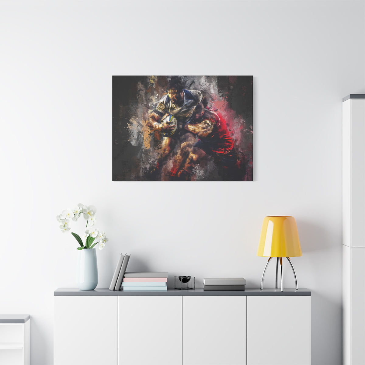 Rugby Clash Unleashed: Expressionist Stretched Canvas Fine Art Painting Print Poster - Ready to Hang Wall Art, Rugby Gift