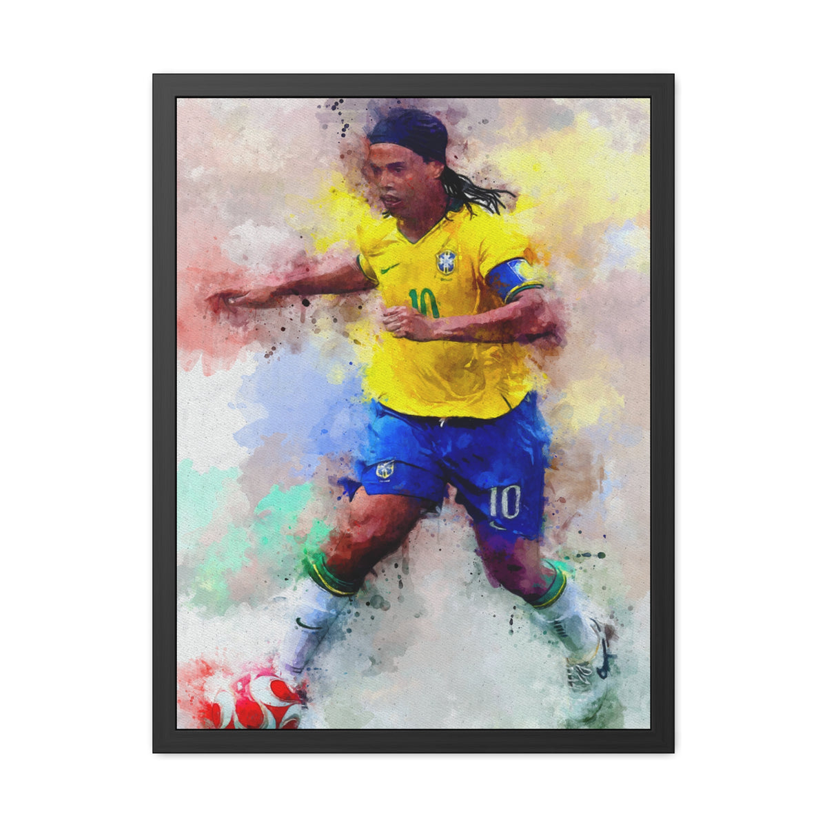 Ronaldinho Expressionist Modern Art Framed Watercolour Print Portrait – Capture the Magic of a Legend – Ready to Hang Framed Watercolour Fine Art Painting Print Poster, Football Wall Art, Soccer Fan Gift