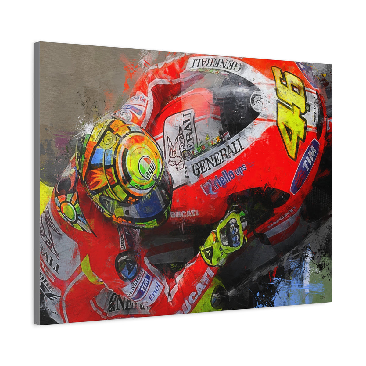 Ride the Thrill: Expressionist MotoGP Rider Close-Up - Stretched Canvas Fine Art Print Poster - Ready to Hang, Wall Art MotoGP Gift