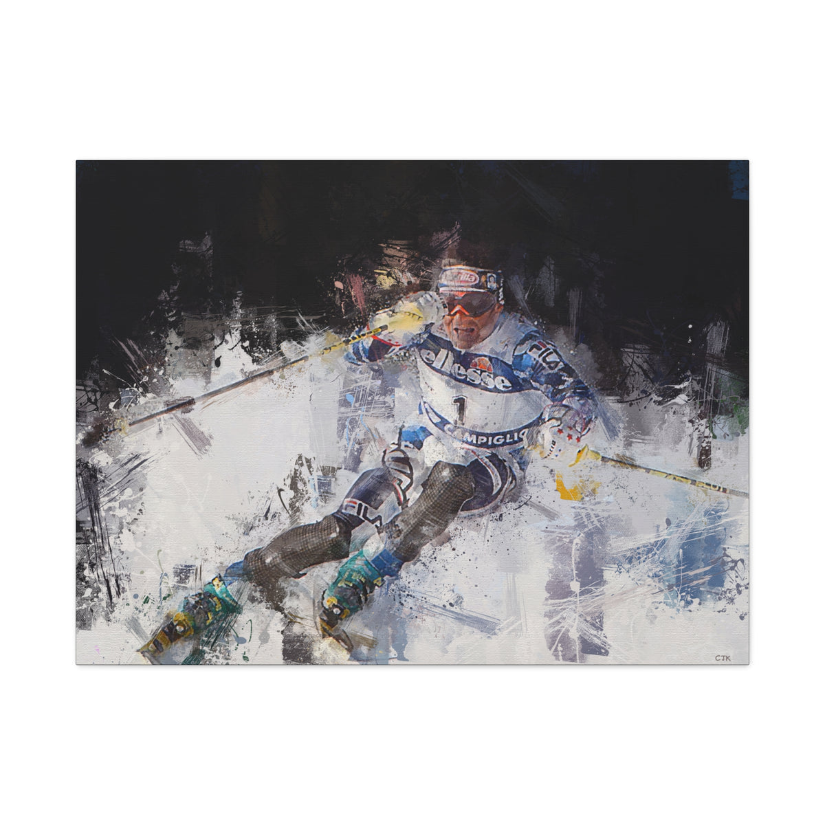 Alberto Tomba's Mastery Unleashed Skiing Painting Print on Stretched Canvas Skiing Fine Art Print Poster, Ready to Hang Wall Art, Skier Gift