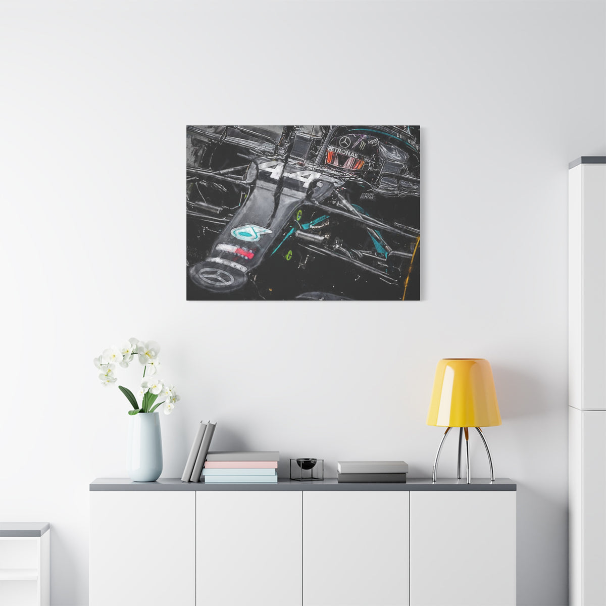 Drive into Mercedes Elegance: Stretched Canvas Fine Art F1 Print Poster - Ready to Hang, Wall Art Formula One Gift