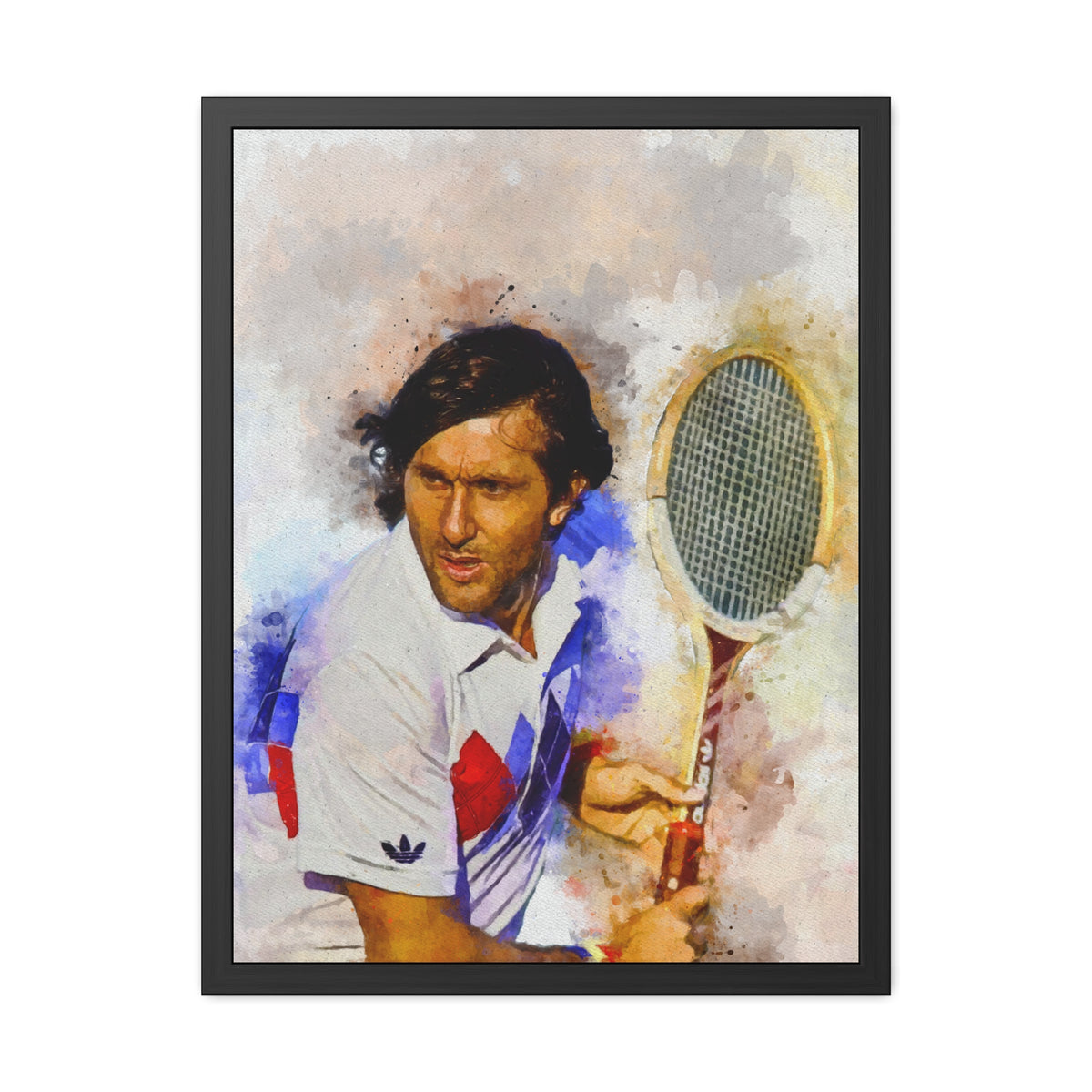 Ilie Năstase Expressionist Portrait: Ready to Hang Framed Watercolour Fine Art Painting Print Poster, Tennis Wall Art, Tennis Fan Gift