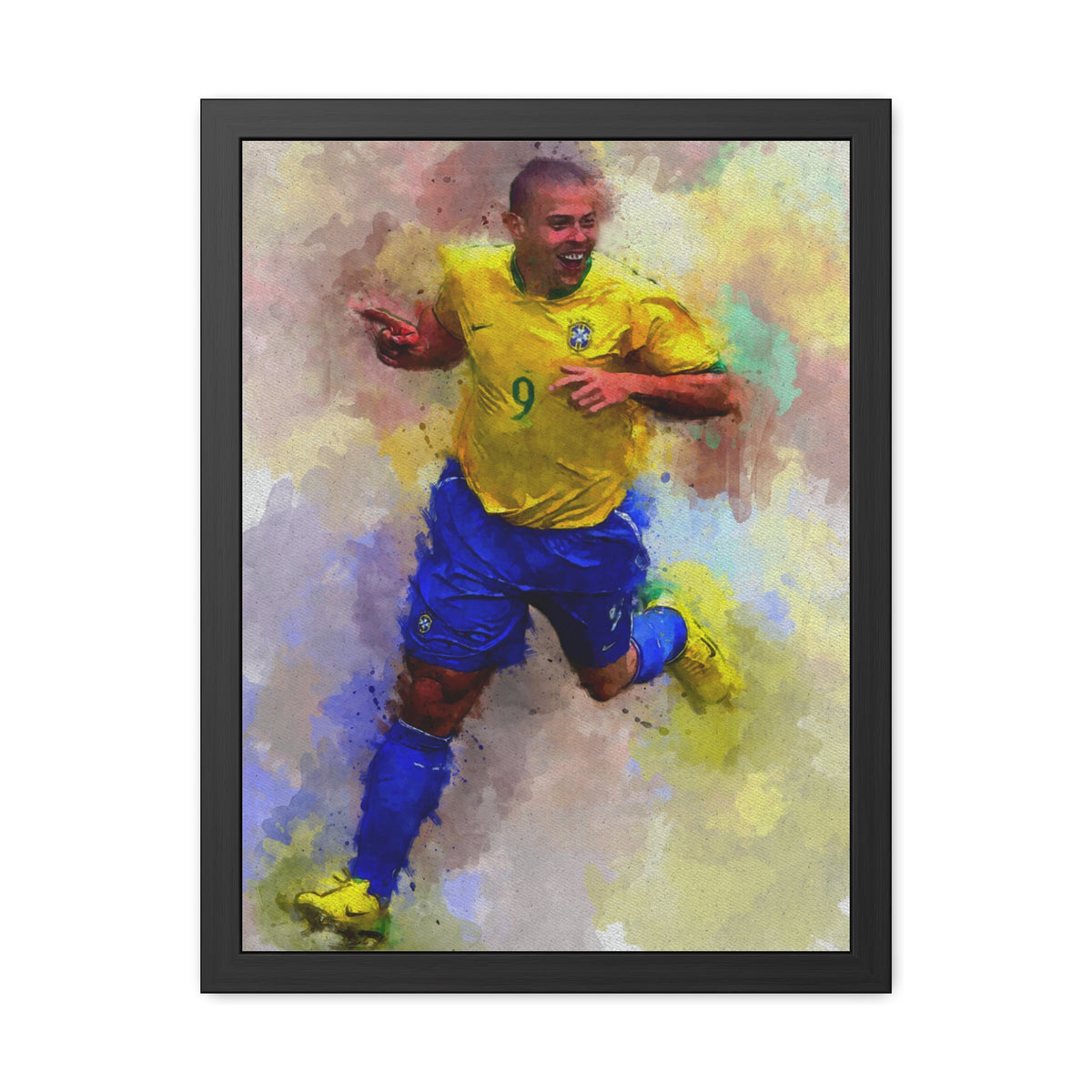 Brazilian Soccer Legend Ronaldo Expressionist Watercolour Portrait, Fine Art Print with Hand-Crafted Frame, Ready to Hang Framed Watercolour Fine Art Painting Print Poster, Football Wall Art, Soccer Fan Gift