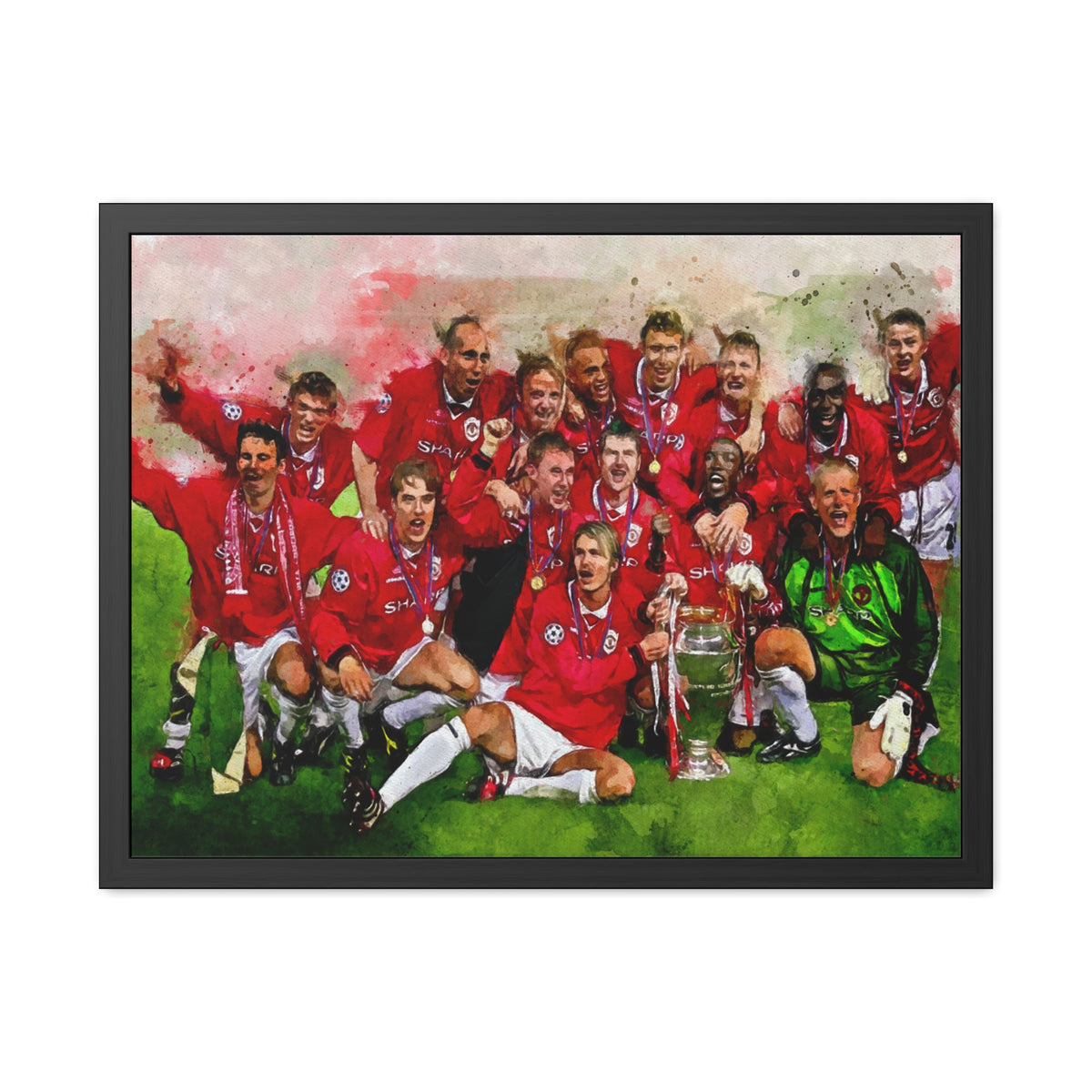 Premiership Winners 1999 Manchester United Watercolour Painting, Ready to Hang Framed Art Print Poster, Man United Fan Gift