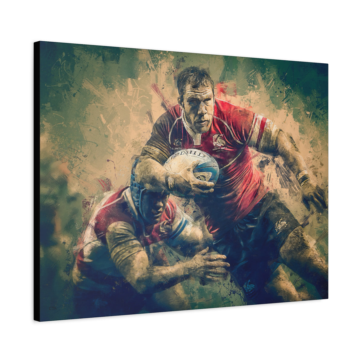 Dynamic Rugger Clash: Stretched Canvas Fine Art Print Poster - Ready to Hang Wall Art, Ideal Rugby Fan Gift