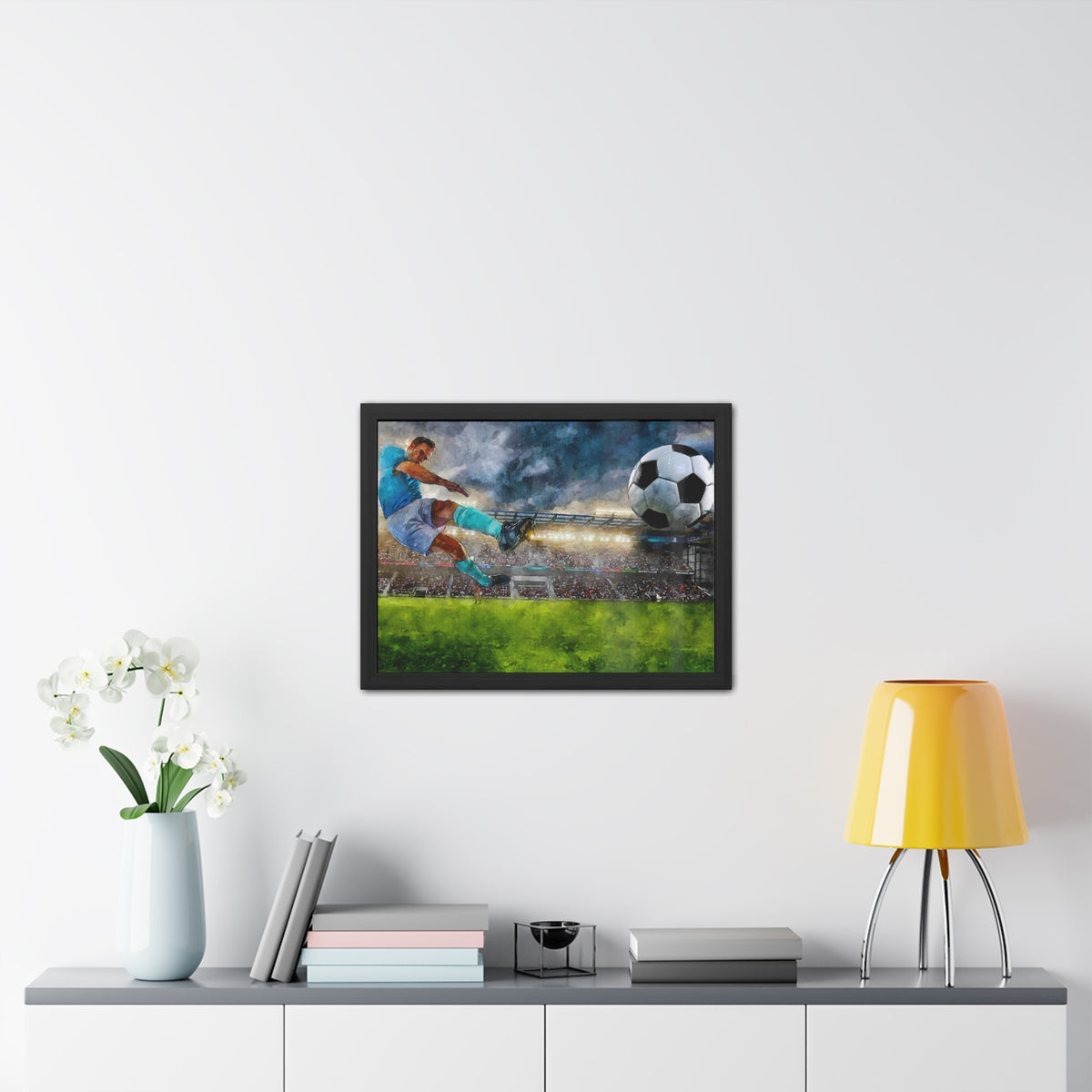 Striker's Triumph: Expressionist Soccer Art - Goal Unleashed! Ready to Hang Framed Watercolour Print, Football Wall Art, Soccer Fan Gift
