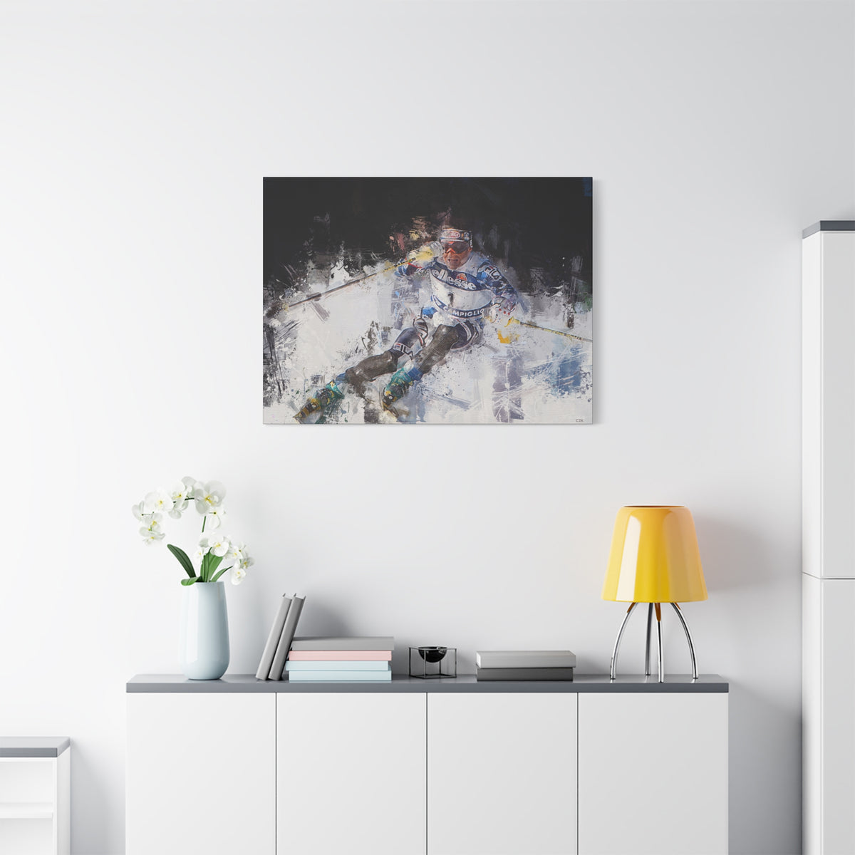 Alberto Tomba's Mastery Unleashed Skiing Painting Print on Stretched Canvas Skiing Fine Art Print Poster, Ready to Hang Wall Art, Skier Gift