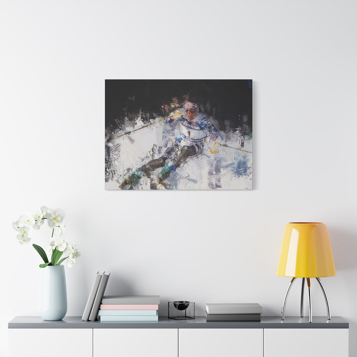 Alberto Tomba's Mastery Unleashed Skiing Painting Print on Stretched Canvas Skiing Fine Art Print Poster, Ready to Hang Wall Art, Skier Gift
