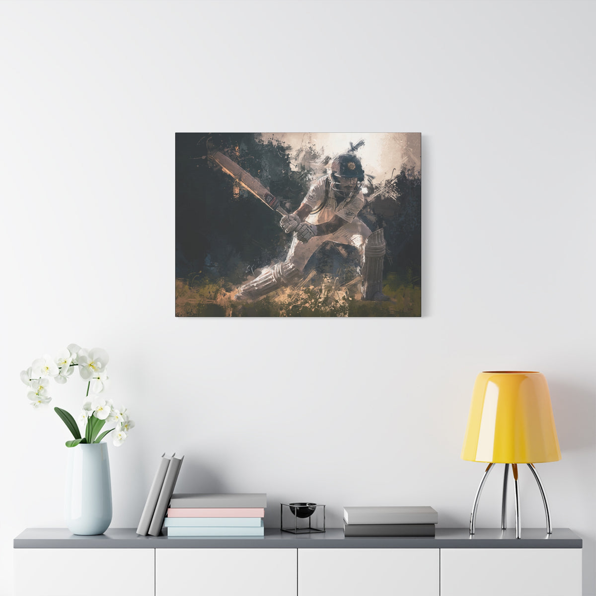 Impactful Cricket Art: Batsman's Dynamic Strike - Canvas Art Print Poster - Ready to Hang Cricket Gift