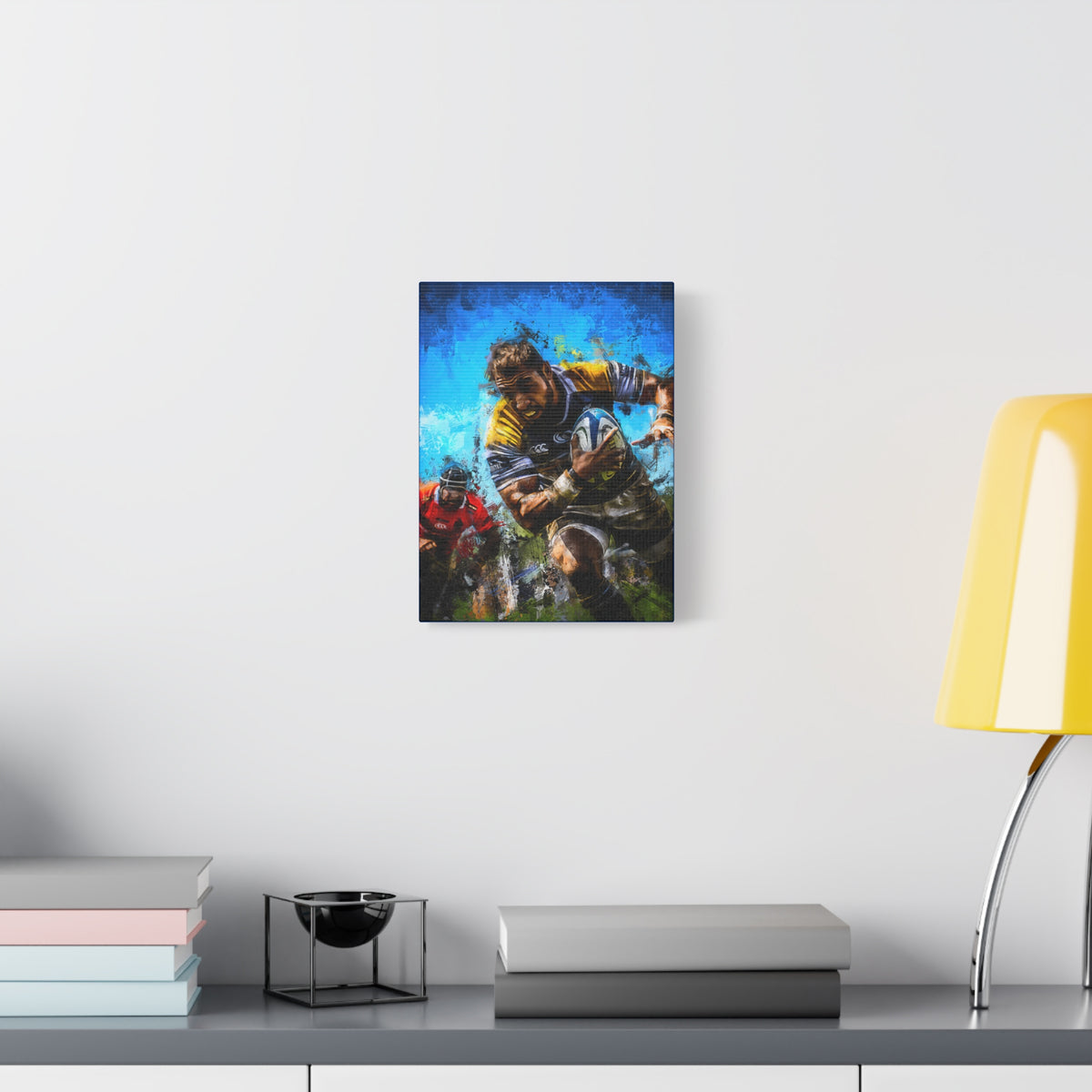 Dynamic Rugby Charge: Expressionist Stretched Canvas Fine Art Print Poster- Ready to Hang Wall Art, Rugby Fan Gift