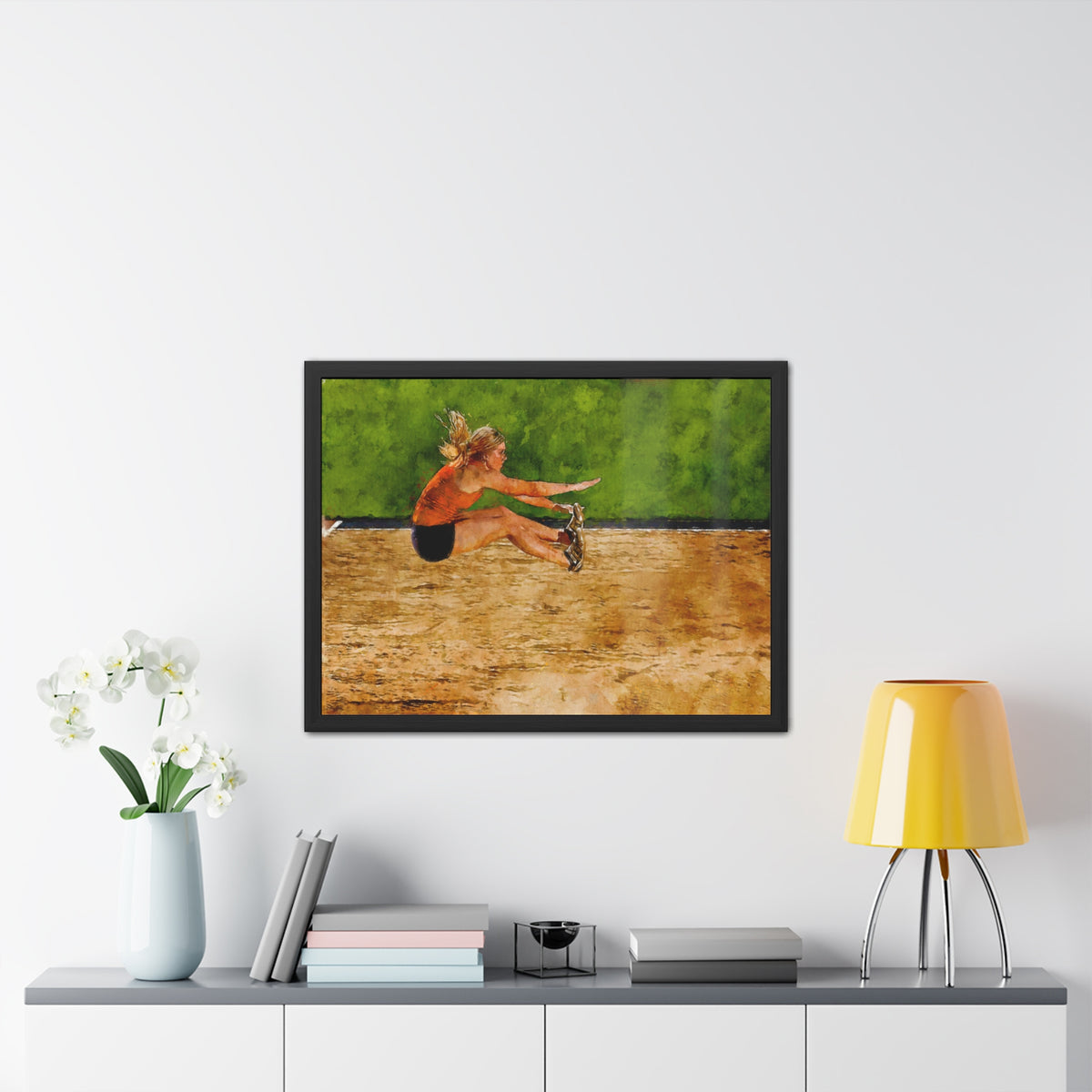 Captivating Long Jumper in Action - Modern Expressionist Art, Ready to Hang Framed Watercolour Fine Art Painting Print Poster, Athletics Wall Art, Athletics Fan Gift