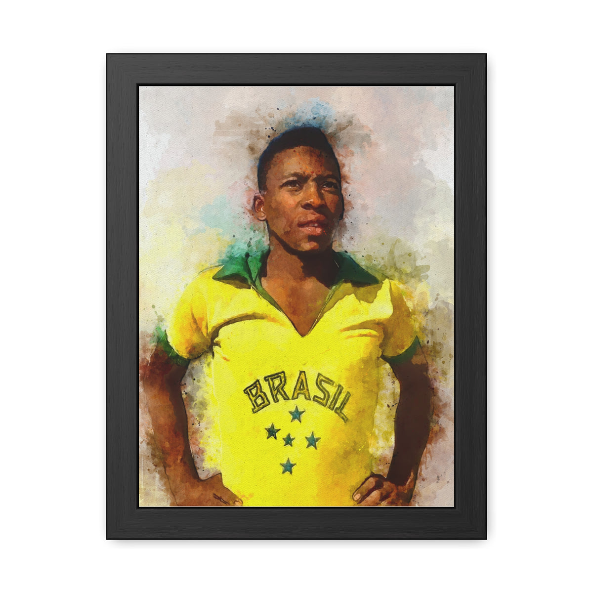 Celebrate Pelé: Expressionist Watercolour Portrait - Iconic Soccer Legend! Ready to Hang Framed Fine Art Print Poster, Football Wall Art, Soccer Fan Gift