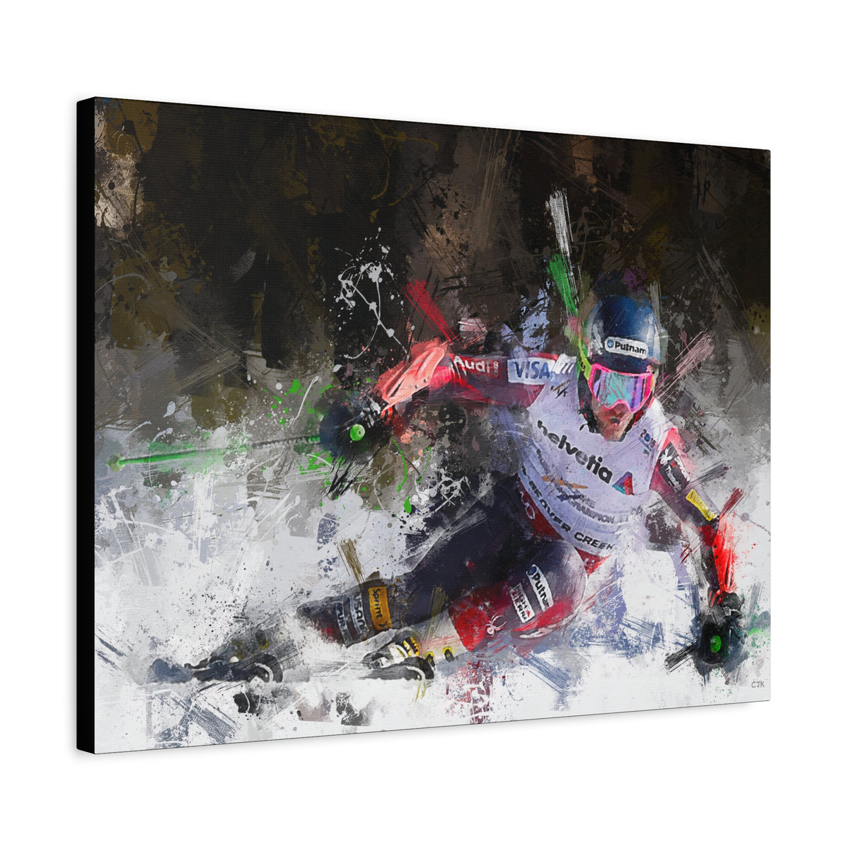 Ted Ligety's Precision: Expressionist Skiing Painting Print - Stretched Canvas Fine Art Print Poster, Ready to Hang Wall Art, Skier Gift