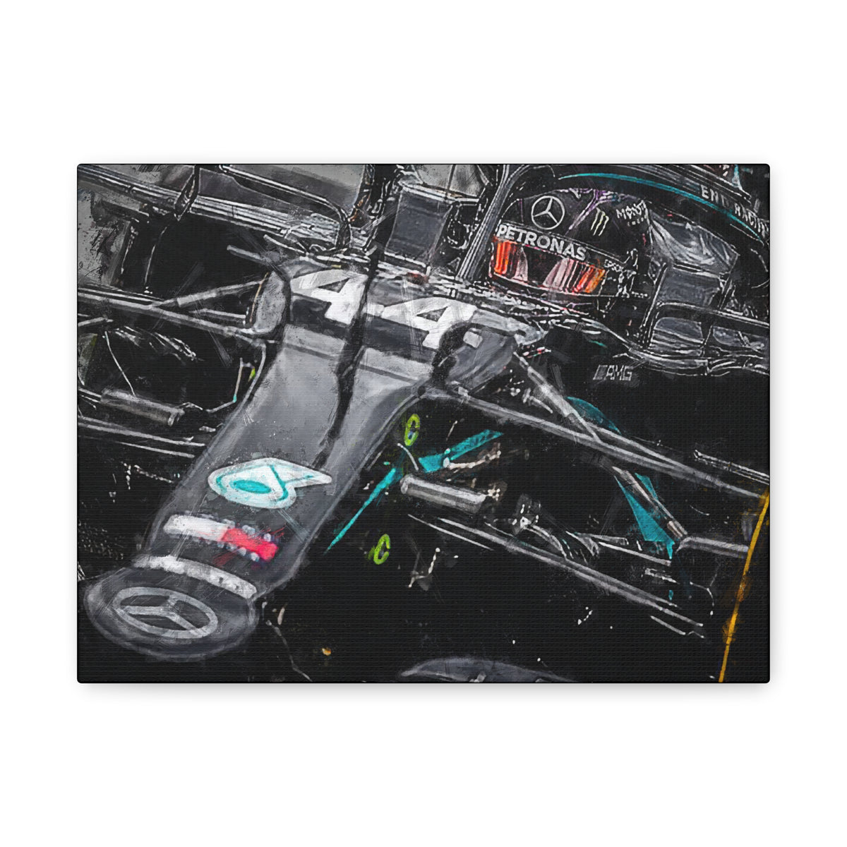 Drive into Mercedes Elegance: Stretched Canvas Fine Art F1 Print Poster - Ready to Hang, Wall Art Formula One Gift
