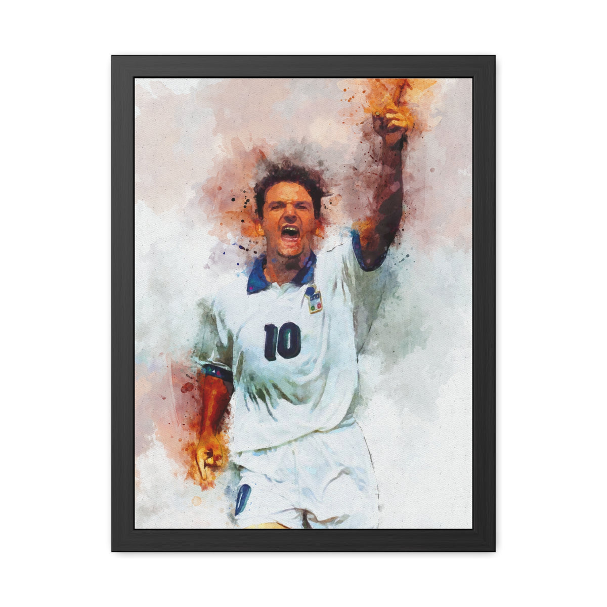 Roberto Baggio Expressionist Modern Art Framed Watercolour Portrait Painting, Ready to Hang Framed Watercolour Fine Art Painting Print Poster, Football Wall Art, Soccer Fan Gift