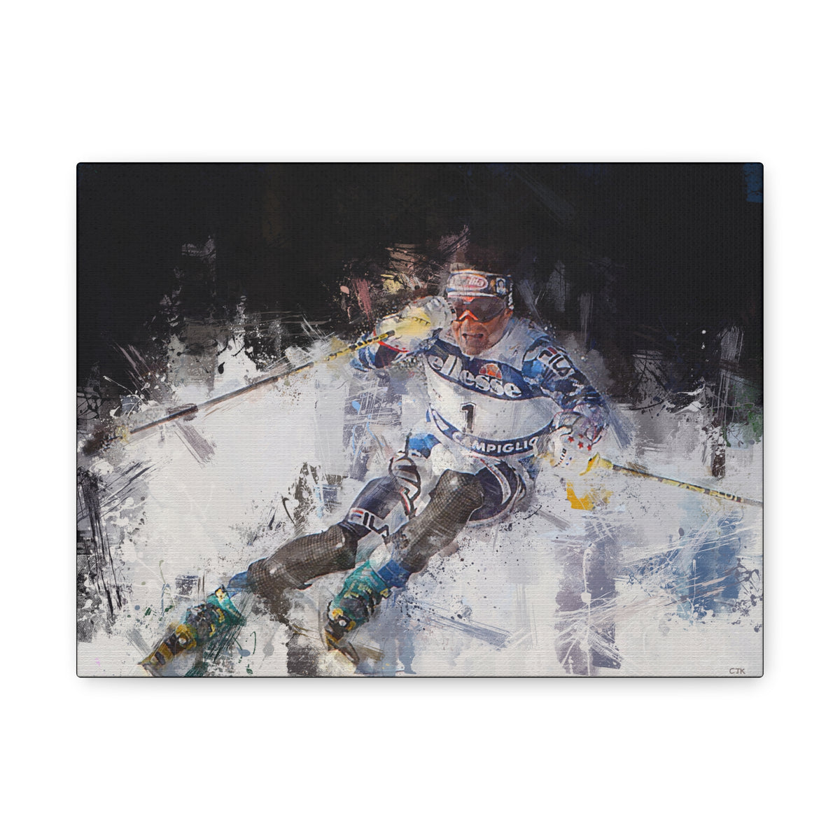 Alberto Tomba's Mastery Unleashed Skiing Painting Print on Stretched Canvas Skiing Fine Art Print Poster, Ready to Hang Wall Art, Skier Gift