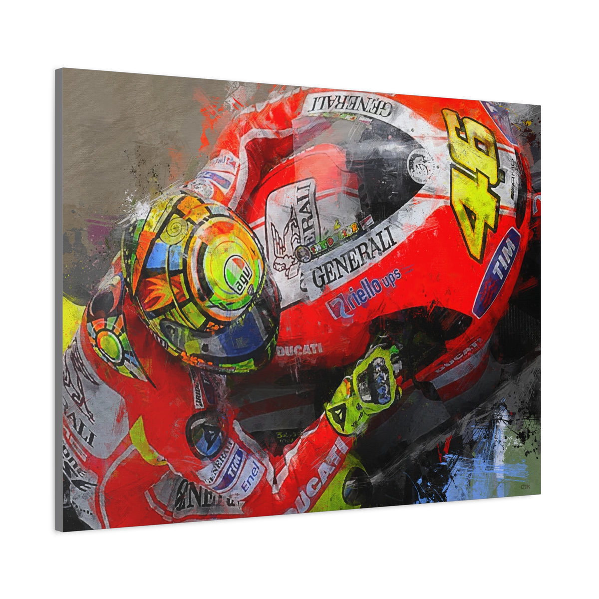 Ride the Thrill: Expressionist MotoGP Rider Close-Up - Stretched Canvas Fine Art Print Poster - Ready to Hang, Wall Art MotoGP Gift
