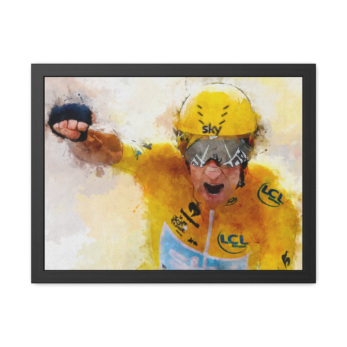 Bradley Wiggins Tour de France Glory: Yellow Jersey Triumph in Framed Watercolour Art Print