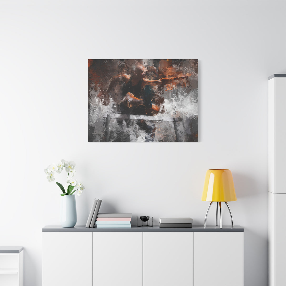 Athletic Hurdler Expressionist Canvas Print - Fine Art Athletics Décor with Expressive Brush Strokes and Splashes of Paint. Stretched Canvas Athletics Fine Art Print Poster - Ready to Hang Wall Art, Hurdling Fan Gift