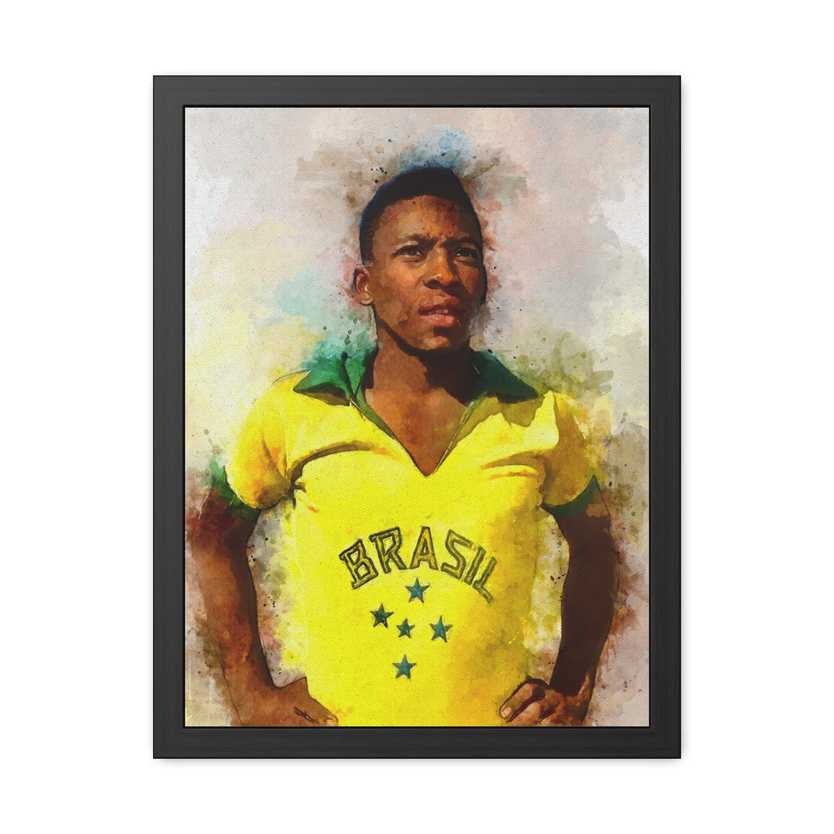 Celebrate Pelé: Expressionist Watercolour Portrait - Iconic Soccer Legend! Ready to Hang Framed Fine Art Print Poster, Football Wall Art, Soccer Fan Gift