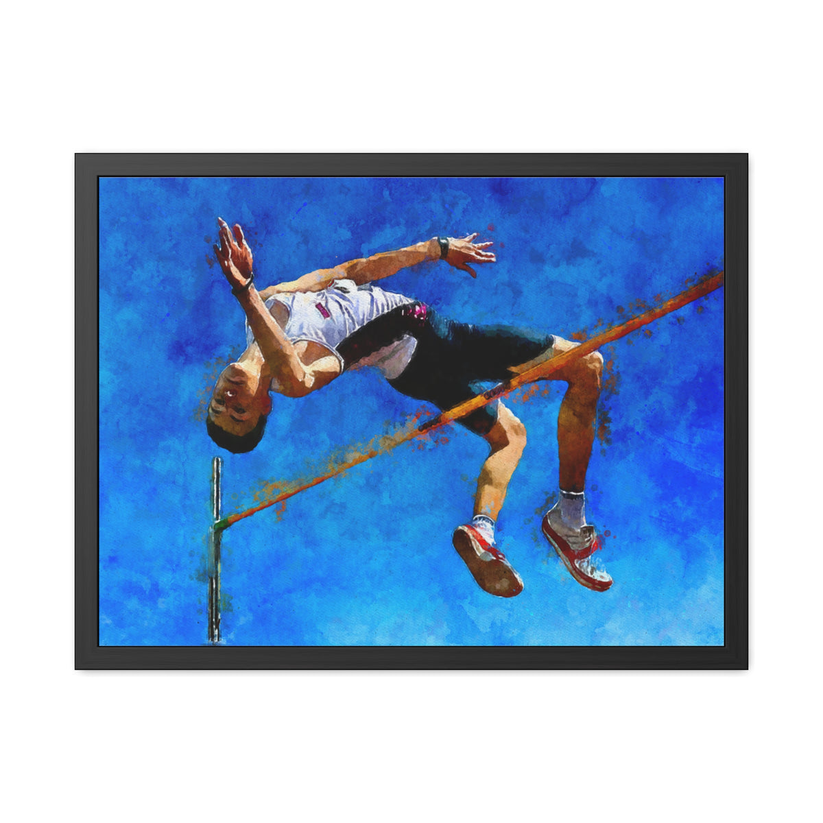 Expressionist Modern Art Framed Watercolour of High Jumper - Dynamic Athletic Brush Strokes & Splash, Ready to Hang Framed Watercolour Fine Art Painting Print Poster, Athletics Wall Art, Athletics Fan Gift