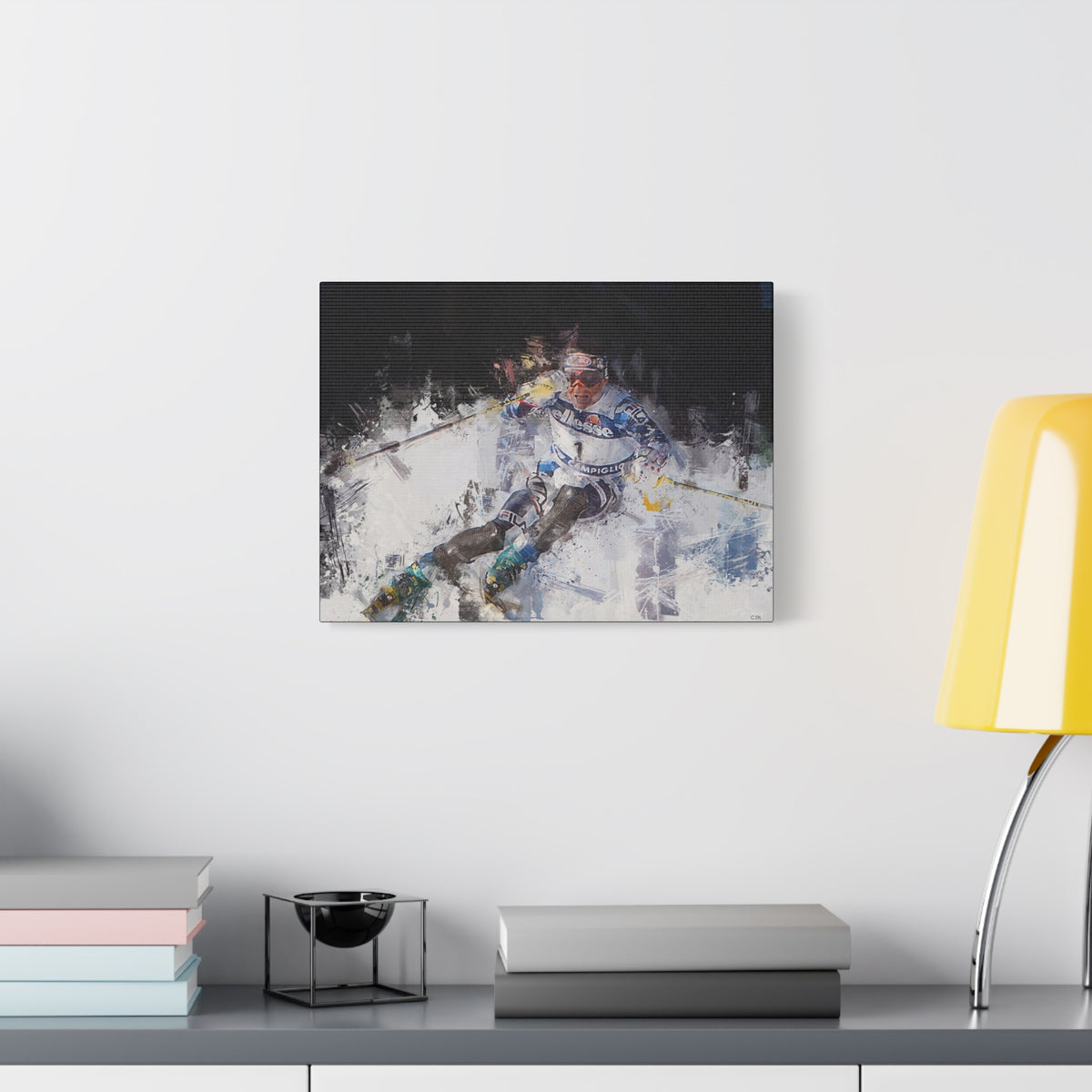 Alberto Tomba's Mastery Unleashed Skiing Painting Print on Stretched Canvas Skiing Fine Art Print Poster, Ready to Hang Wall Art, Skier Gift