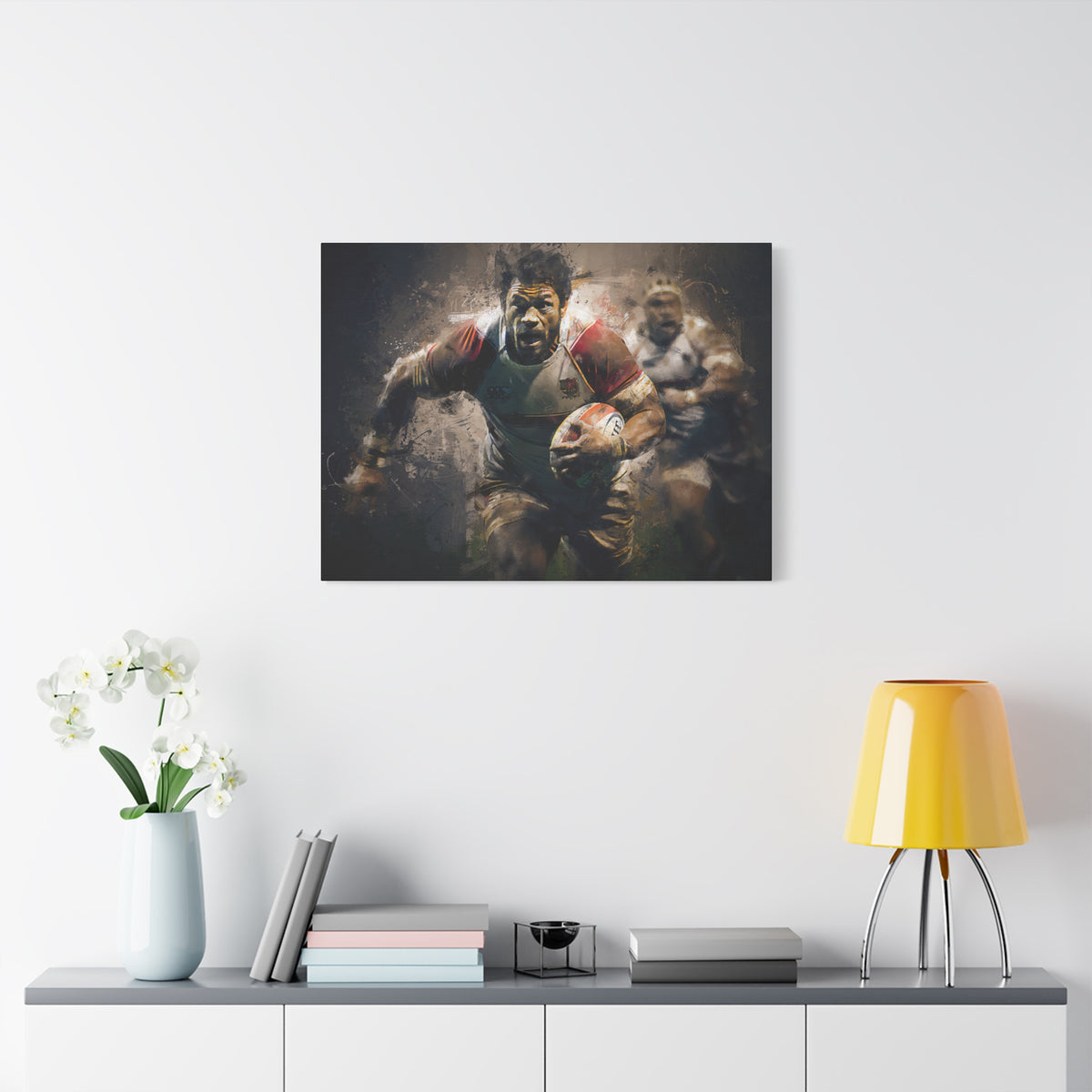 Rugby Dynamism Unleashed: Expressionist Stretched Canvas Fine Art Painting Print Poster - Ready to Hang Wall, Rugby Fan Gift