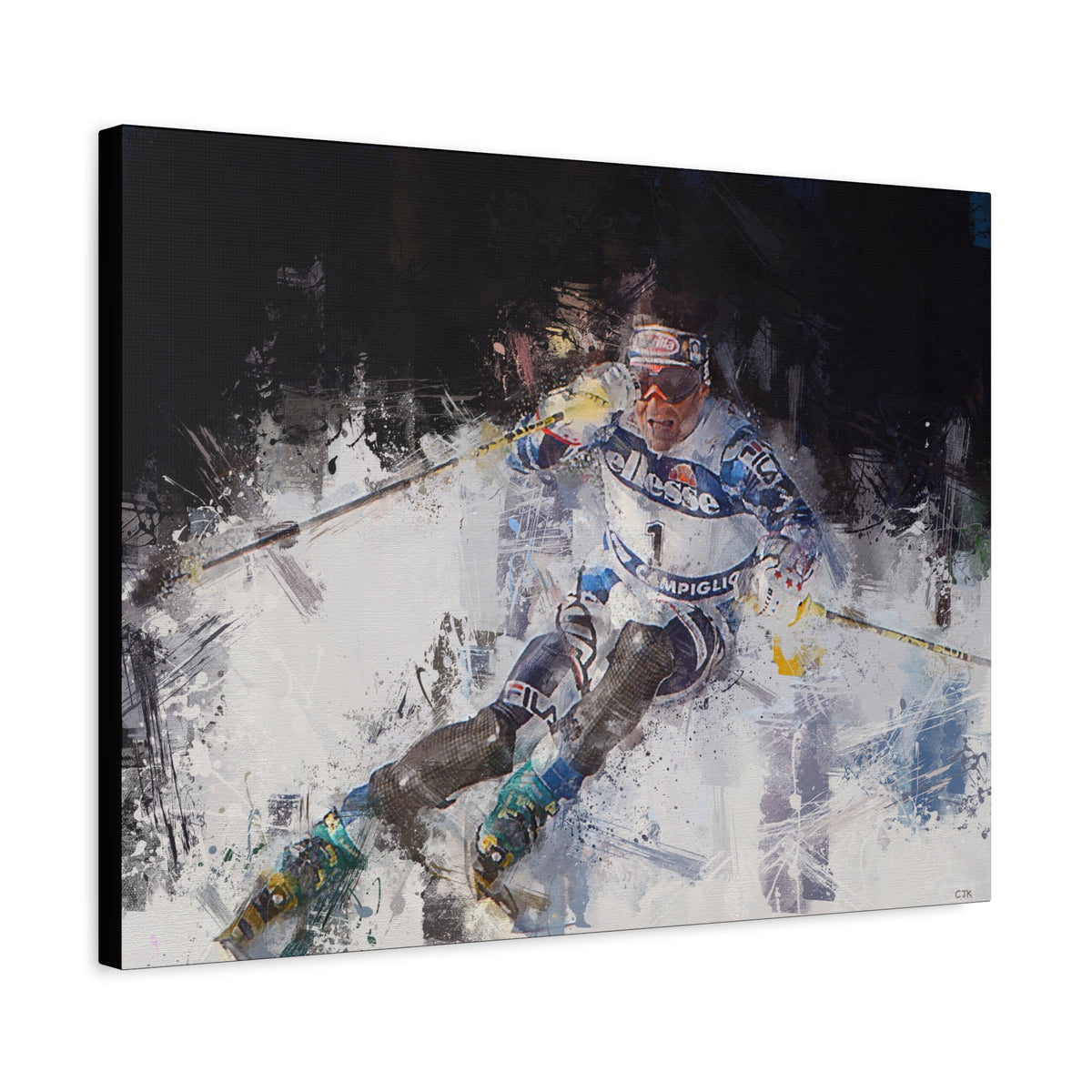 Alberto Tomba's Mastery Unleashed Skiing Painting Print on Stretched Canvas Skiing Fine Art Print Poster, Ready to Hang Wall Art, Skier Gift