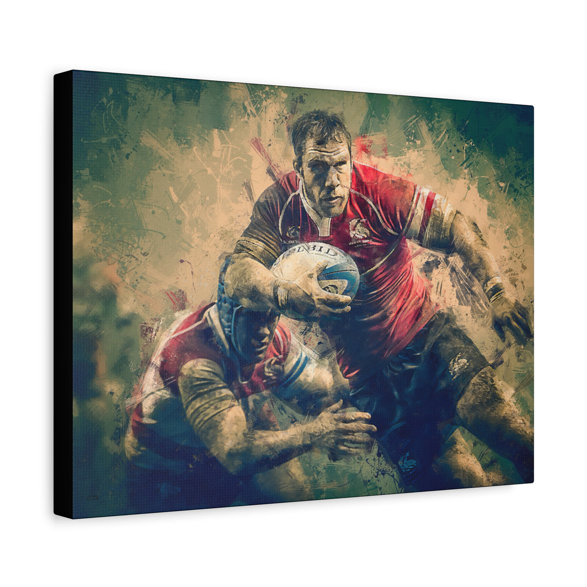 Dynamic Rugger Clash: Stretched Canvas Fine Art Print Poster - Ready to Hang Wall Art, Ideal Rugby Fan Gift