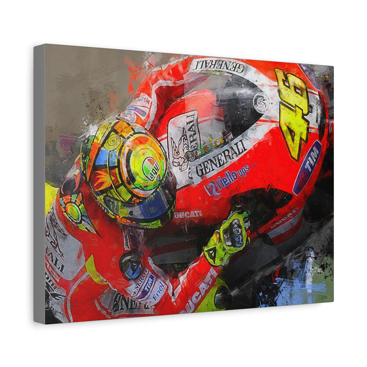 Ride the Thrill: Expressionist MotoGP Rider Close-Up - Stretched Canvas Fine Art Print Poster - Ready to Hang, Wall Art MotoGP Gift