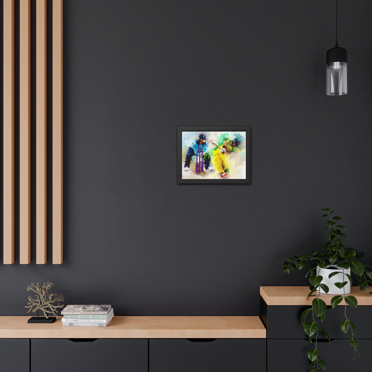 Vibrant Cricket Synergy: Batter and Wicketkeeper Watercolour Framed Art Print Poster - Ready to Hang Cricket Gift