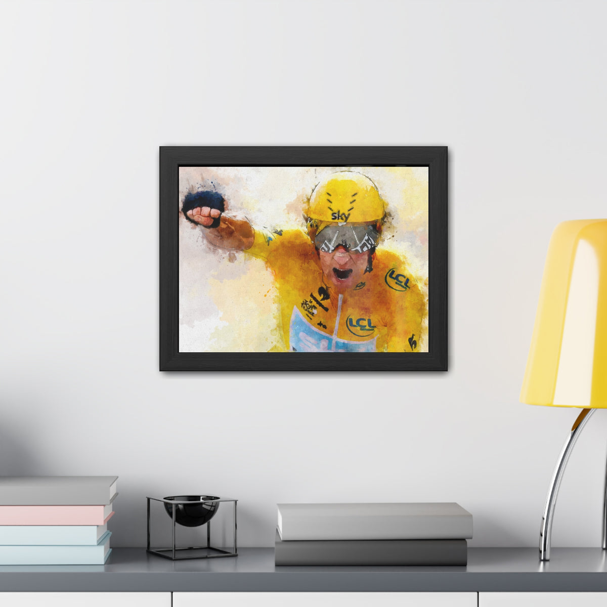 Bradley Wiggins Tour de France Glory: Yellow Jersey Triumph in Framed Watercolour Art Print