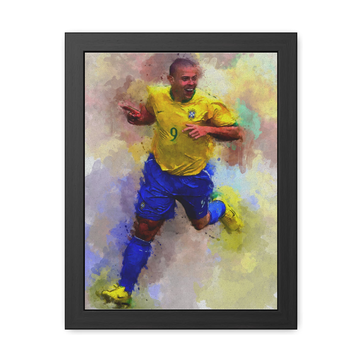 Brazilian Soccer Legend Ronaldo Expressionist Watercolour Portrait, Fine Art Print with Hand-Crafted Frame, Ready to Hang Framed Watercolour Fine Art Painting Print Poster, Football Wall Art, Soccer Fan Gift