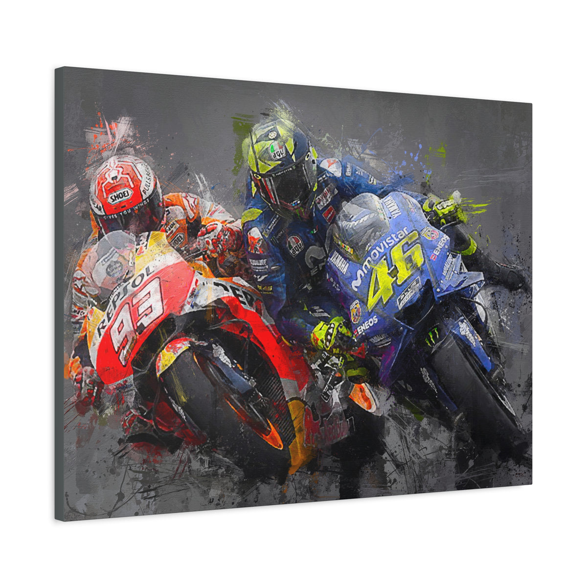 Dynamic Duel: Stretched Canvas Fine Art MotoGP Print Poster - Ready to Hang, Wall Art MotoGP Gift