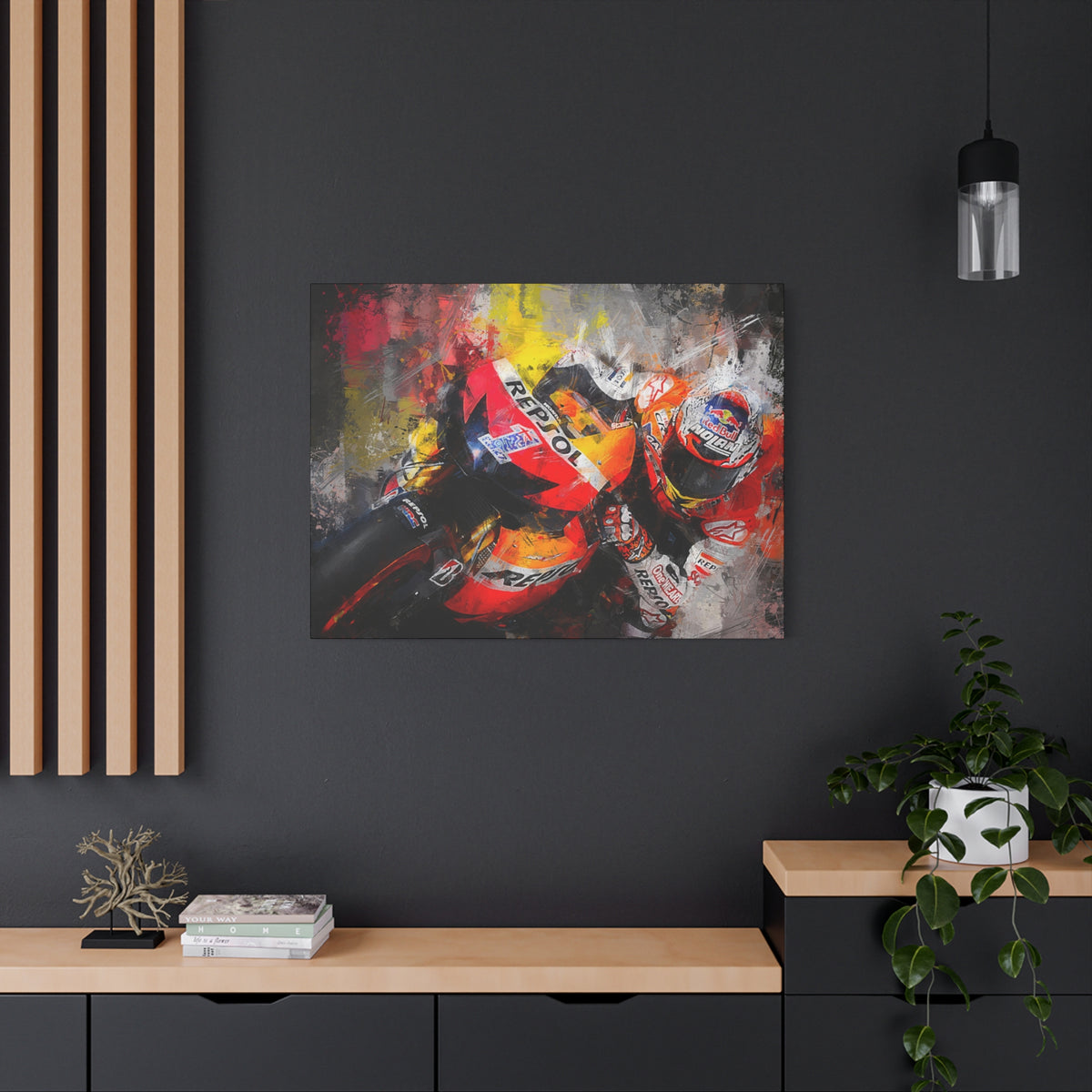 Speed & Splendor: MotoGP Expressionist Stretched Canvas Print Poster- Ready to Hang, Wall Art MotoGP Gift