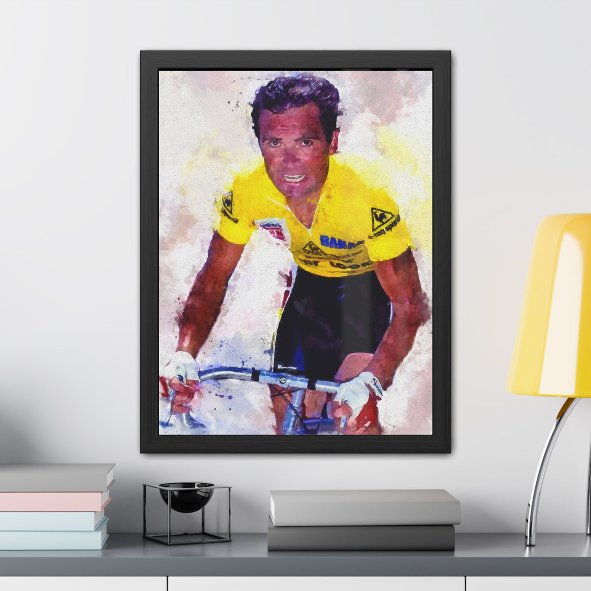 Bernard Hinault's Tour de France Triumph: Yellow Jersey Majesty in Framed Watercolour Art Print