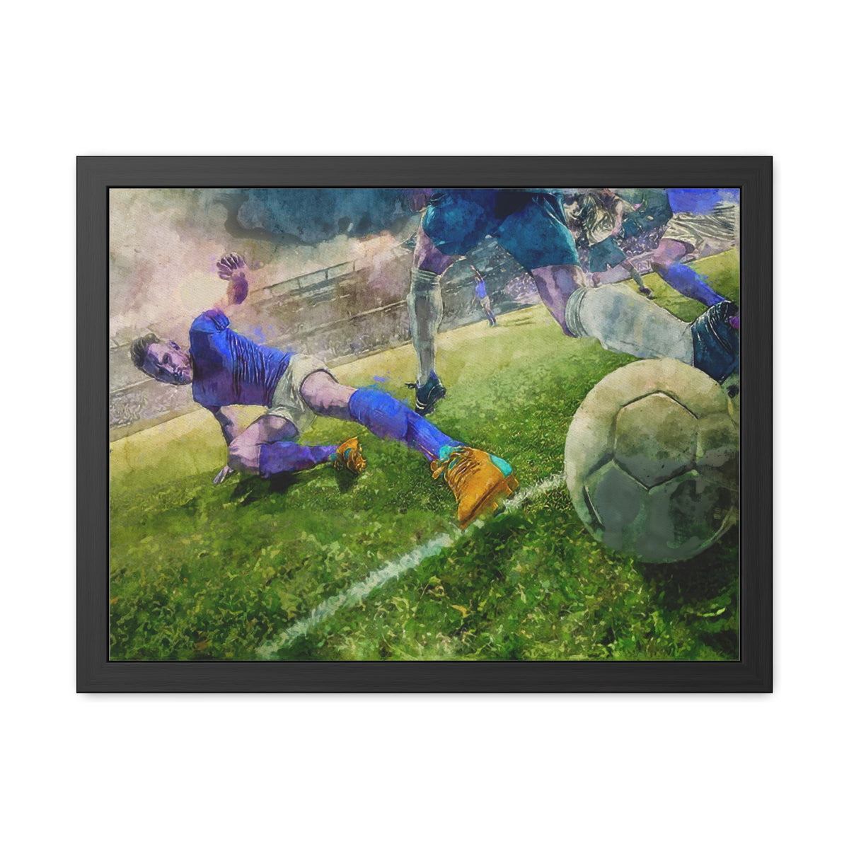 Slide to Victory: Expressionist Soccer Art - Ready to Hang Framed Watercolour Fine Art Print, Football Wall Art, Soccer Fan Gift