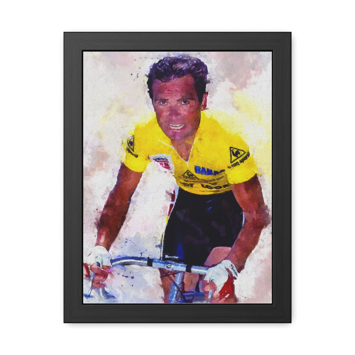 Bernard Hinault's Tour de France Triumph: Yellow Jersey Majesty in Framed Watercolour Art Print